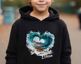 Ocean Heart Heavy Blend Hooded Sweatshirt for youth, kids and teens, Nautical Hoodie for youngsters, Ocean lover hooded sweatshirt for kids