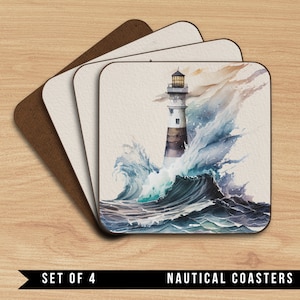 May include: Set of four nautical coasters featuring a watercolour painting of a lighthouse in a stormy sea. The lighthouse is white with black stripes and a red roof. The waves are crashing against the lighthouse, creating a dramatic scene.