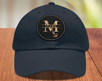 Personalized Anchor Monogram Dad Hat with Round Leather Patch, Custom Baseball Cap, Nautical Baseball Hat, Nautical Gift for Sailors