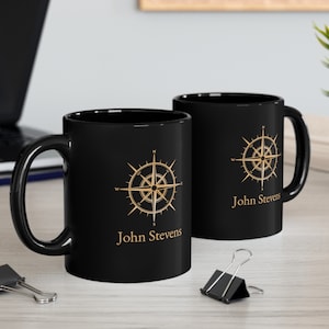Personalized mug with nautical compass, Captain Mug, Boat Owner Mug, Nautical Gift, Black and gold mug image 4
