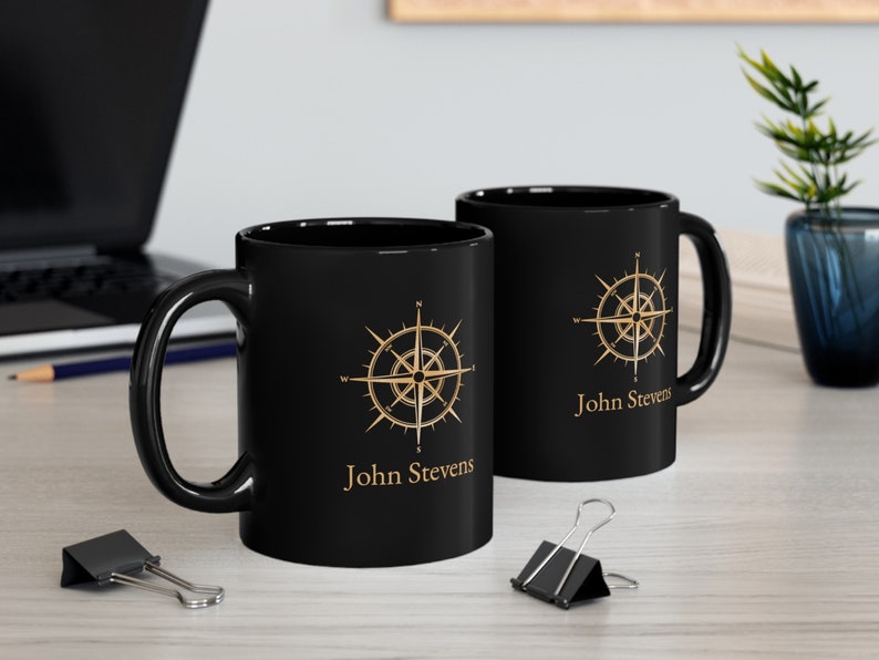 Personalized mug with nautical compass, Captain Mug, Boat Owner Mug, Nautical Gift, Black and gold mug image 4