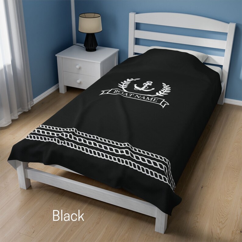 Anchor Personalized Blanket, Custom Boat Throw Blanket, Nautical Gift for New Boat Owners, Boat House Bedding Black