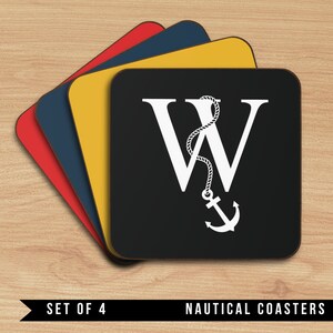 Set of 4 Nautical Monograms Coaster, Personalized Anchor Monogram Quality Coaster, 4 Color Choices, Custom Monogram, Sailing or Boating Gift