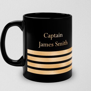 Personalized mug with ship captain insignia or epaulette, Ship Captain Mug, Deck Officer Mug, Captain Gift, Nautical Mug, Black and gold mug image 2