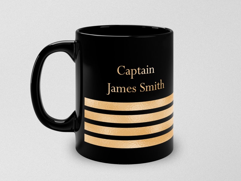 Personalized mug with ship captain insignia or epaulette, Ship Captain Mug, Deck Officer Mug, Captain Gift, Nautical Mug, Black and gold mug image 2