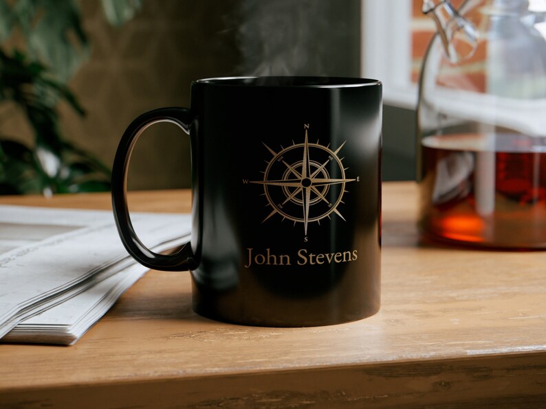 Personalized mug with nautical compass, Captain Mug, Boat Owner Mug, Nautical Gift, Black and gold mug image 5