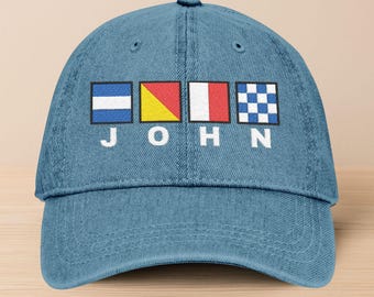 Personalized Nautical Flags with text, Embroidered Denim Hat, Custom Maritime Signal Cap, Nautical Gift for Sailors, Boat Owners