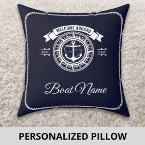Personalized Boat Pillow, Boat Bedding, Custom Boat Name Pillow, Nautical Pillow, Yacht Pillow, Boat Owner Gift, Anchor and Compass Pillow