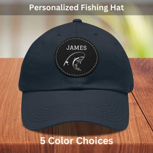 Cappello da pescatore personalizzato con toppa rotonda, berretto da baseball da pescatore, cappello da papà personalizzato, cappello da pescatore, toppa in pelle vegana, regalo da pescatore