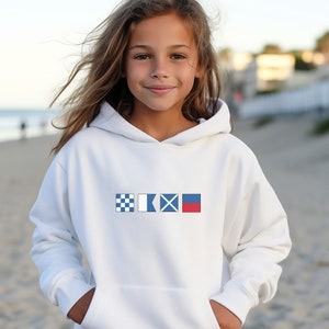 Personalized Nautical Flags Hooded Sweatshirt for Kids and Teens, Nautical hoodies in youth sizes, Custom maritime signal hoodie image 1