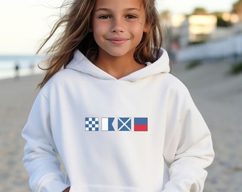 Personalized Nautical Flags Hooded Sweatshirt for Kids and Teens, Nautical hoodies in youth sizes, Custom maritime signal hoodie