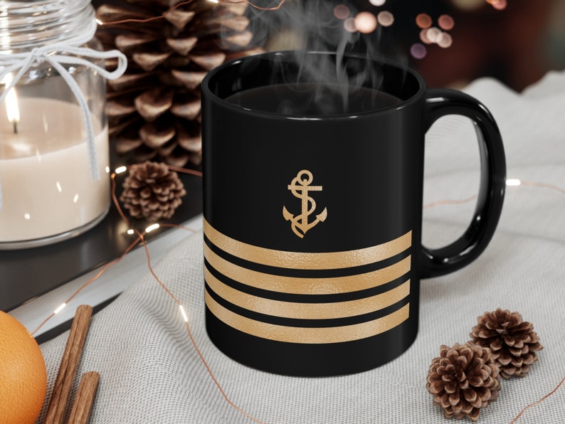Personalized mug with ship captain insignia or epaulette, Ship Captain Mug, Deck Officer Mug, Captain Gift, Nautical Mug, Black and gold mug image 4