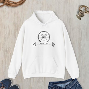 Personalized Compass Hoodie, Custom Name Nautical Hoodie, Boat Name Hoodie, Compass Hooded Sweatshirt, Boat Owner Gift, Sailor Gift White