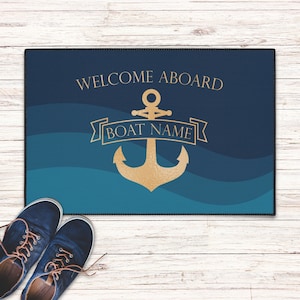 Boat welcome aboard mat, Outdoor heavy duty mat, Boat owner welcome mat, Custom personalized boat gift for sailors, Nautical boat mat