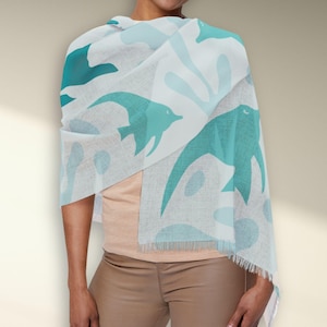 Turquoise Light Scarf with Fish and Corals, Soft Transparent Scarf, Nautical Scarf for Women, Blue Beach or Summer Scarf, Boating Scarf