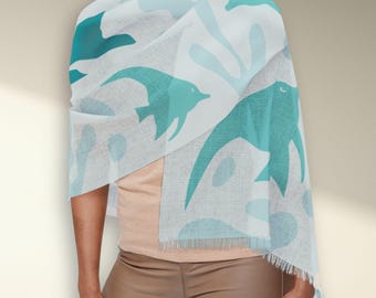 Turquoise Light Scarf with Fish and Corals, Soft Transparent Scarf, Nautical Scarf for Women, Blue Beach or Summer Scarf, Boating Scarf