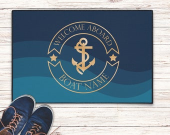 Boat welcome aboard mat, Outdoor heavy duty mat, Boat owner welcome mat, Custom personalized boat gift for sailors, Nautical mat