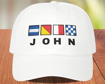 Custom Nautical Flags Dad Hat with Printed Name, Embroidered Maritime Signal Cap, Personalized Boating Gift, Sailing Gift