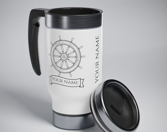 Ship Wheel Travel Mug, Stainless Steel Travel Mug with Handle, 14oz, Personalized coffee mug, Custom gift, Nautical travel mug gift