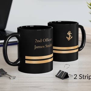 Personalized mug with ship captain insignia or epaulette, Ship Captain Mug, Deck Officer Mug, Captain Gift, Nautical Mug, Black and gold mug 2 Stripes