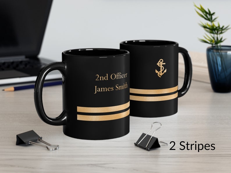 Personalized mug with ship captain insignia or epaulette, Ship Captain Mug, Deck Officer Mug, Captain Gift, Nautical Mug, Black and gold mug 2 Stripes