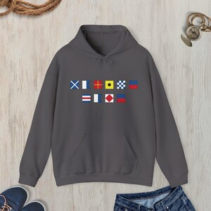 Personalized Nautical Flags Hooded Sweatshirt, Custom nautical flag hoodie, Maritime Flag, Captain hoodie, Maritime Signal sweatshirt Charcoal
