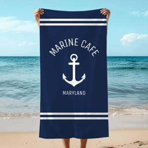 Luxury Navy Striped Boat Towel, Personalized with Boat Name and Port Location, Anchor Design, Classy Nautical Gift for Yacht Owners, Sailors
