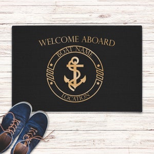 Boat welcome aboard mat, Outdoor heavy duty mat, Boat owner welcome mat, Custom personalized boat gift for sailors, Nautical boat mat, Yacht image 1