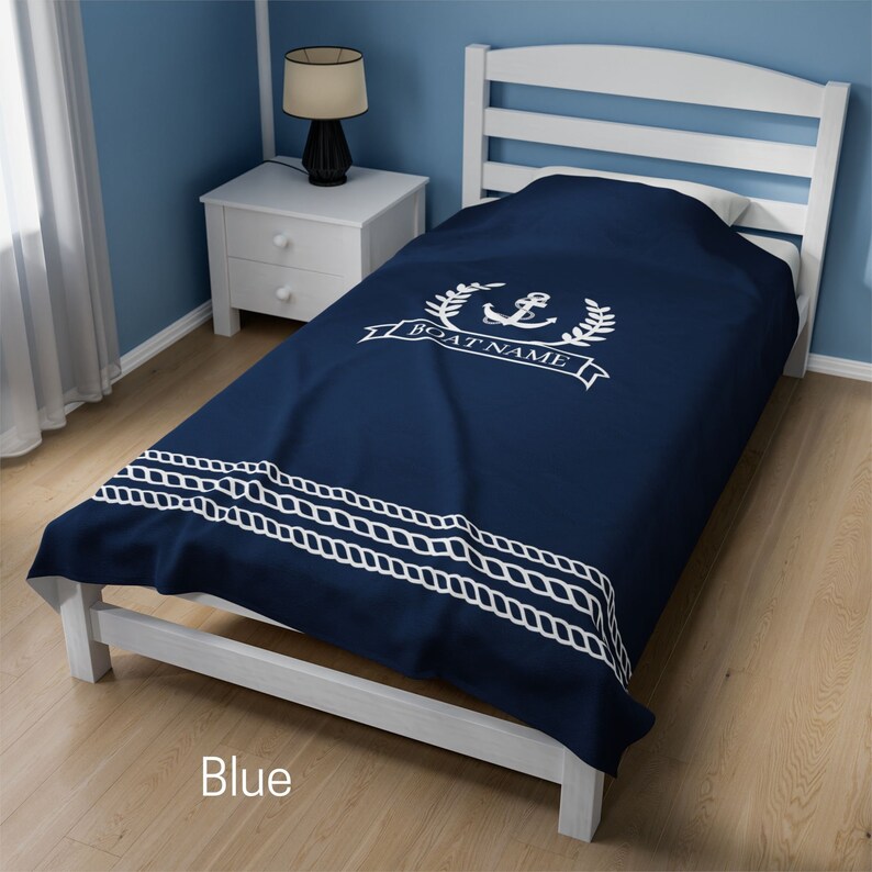 Anchor Personalized Blanket, Custom Boat Throw Blanket, Nautical Gift for New Boat Owners, Boat House Bedding Blue