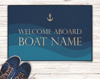 Boat welcome aboard mat, Outdoor heavy duty mat, Boat owner welcome mat, Custom personalized boat gift for sailors, Nautical boat mat