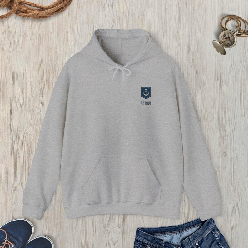 Personalized Nautical Hooded Sweatshirt, Hoodie Sweatshirt with Nautical Anchor, Custom Name Sailing or Boating Hoodie, Hoodie Gift Sport Grey