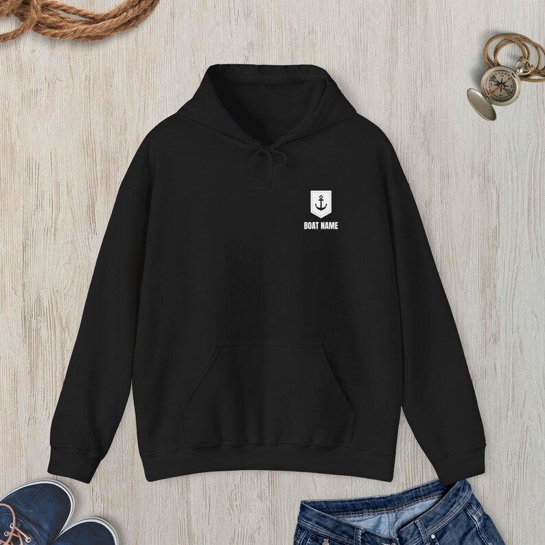 Personalized Nautical Hooded Sweatshirt, Hoodie Sweatshirt with Nautical Anchor, Custom Name Sailing or Boating Hoodie, Hoodie Gift Black