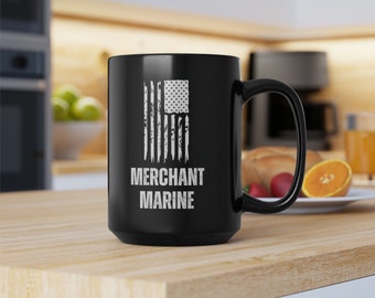 Merchant Marine Mug, Black ceramic mug with American flag for Merchant Mariners, Nautical gift for sailors, Gift for Merchant Marines