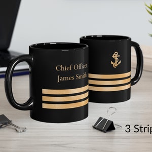 Personalized mug with ship captain insignia or epaulette, Ship Captain Mug, Deck Officer Mug, Captain Gift, Nautical Mug, Black and gold mug 3 Stripes