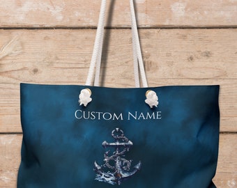 Personalized tote bag with an anchor an wave design | Custom name weekender bag | Personalized gift for nautical and ocean lovers