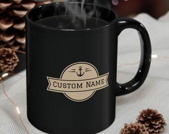 Personalized Nautical Black Mug with an Anchor, Custom Name Ceramic Mug, Nautical Gift Ideas, Personalized Gift Mug for men