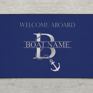 Welcome Aboard Boat Mat, Boat Owner Heavy Duty Floor Mat, Boating Mat, Personalized Boat Welcome Mat, Monogram Boat Name Outdoor Mat Blue