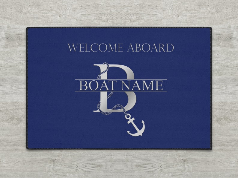 Welcome Aboard Boat Mat, Boat Owner Heavy Duty Floor Mat, Boating Mat, Personalized Boat Welcome Mat, Monogram Boat Name Outdoor Mat Blue