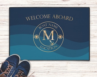 Boat welcome aboard mat, Outdoor heavy duty mat, Boat owner welcome mat, Custom personalized boat gift for sailors, Nautical boat mat