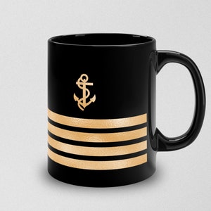 Personalized mug with ship captain insignia or epaulette, Ship Captain Mug, Deck Officer Mug, Captain Gift, Nautical Mug, Black and gold mug image 1