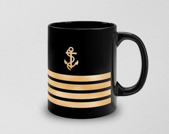 Personalized mug with ship captain insignia or epaulette, Ship Captain Mug, Deck Officer Mug, Captain Gift, Nautical Mug, Black and gold mug