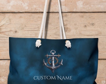 Personalized bag | Large weekender tote bag with a nautical anchor design and custom name or text of your choice