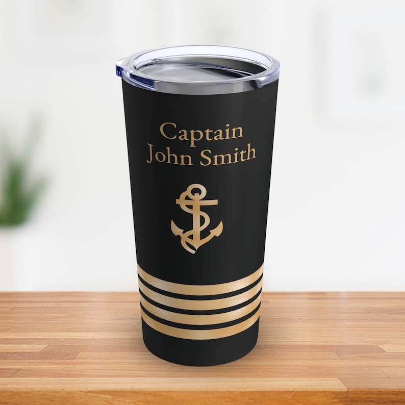 Personalized tumbler with ship captain insignia or epaulette, Ship Captain tumbler, Deck Officer tumbler, Captain Gift, Nautical image 1