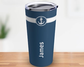 Personalized Tumbler with a Nautical Anchor and Custom Name, Personal Travel Mug 20 oz, Sailing Gift, Gift for Dad, Stainless Steel