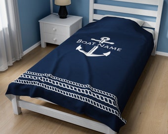 Anchor Velveteen Plush Blanket, Personalized Boat Throw Blanket, Custom Boat Name Blanket, Nautical Bedding, Boat Owner Gift, Boat House