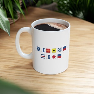 Personalized Nautical Flags Ceramic Mug 11oz, 15oz, White mug with nautical flag symbols, Perfect gift for nautical lovers and boat owners
