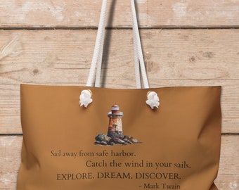 Large weekender tote bag with a lighthouse and an inspirational quote, Explore, Dream, Discover | Beach bag | Boating bag