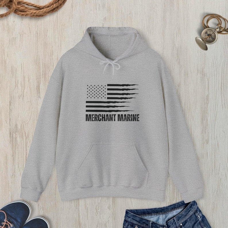 Merchant Marine hoodie, Merchant Mariner hooded sweatshirt, American Flag sweatshirt, Merchant Marines gift Sport Grey