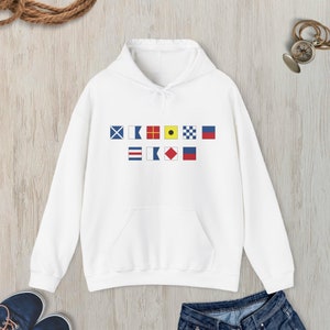 Personalized Nautical Flags Hooded Sweatshirt, Custom nautical flag hoodie, Maritime Flag, Captain hoodie, Maritime Signal sweatshirt White