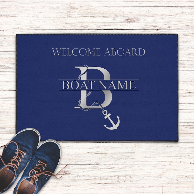 Welcome Aboard Boat Mat, Boat Owner Heavy Duty Floor Mat, Boating Mat, Personalized Boat Welcome Mat, Monogram Boat Name Outdoor Mat image 1